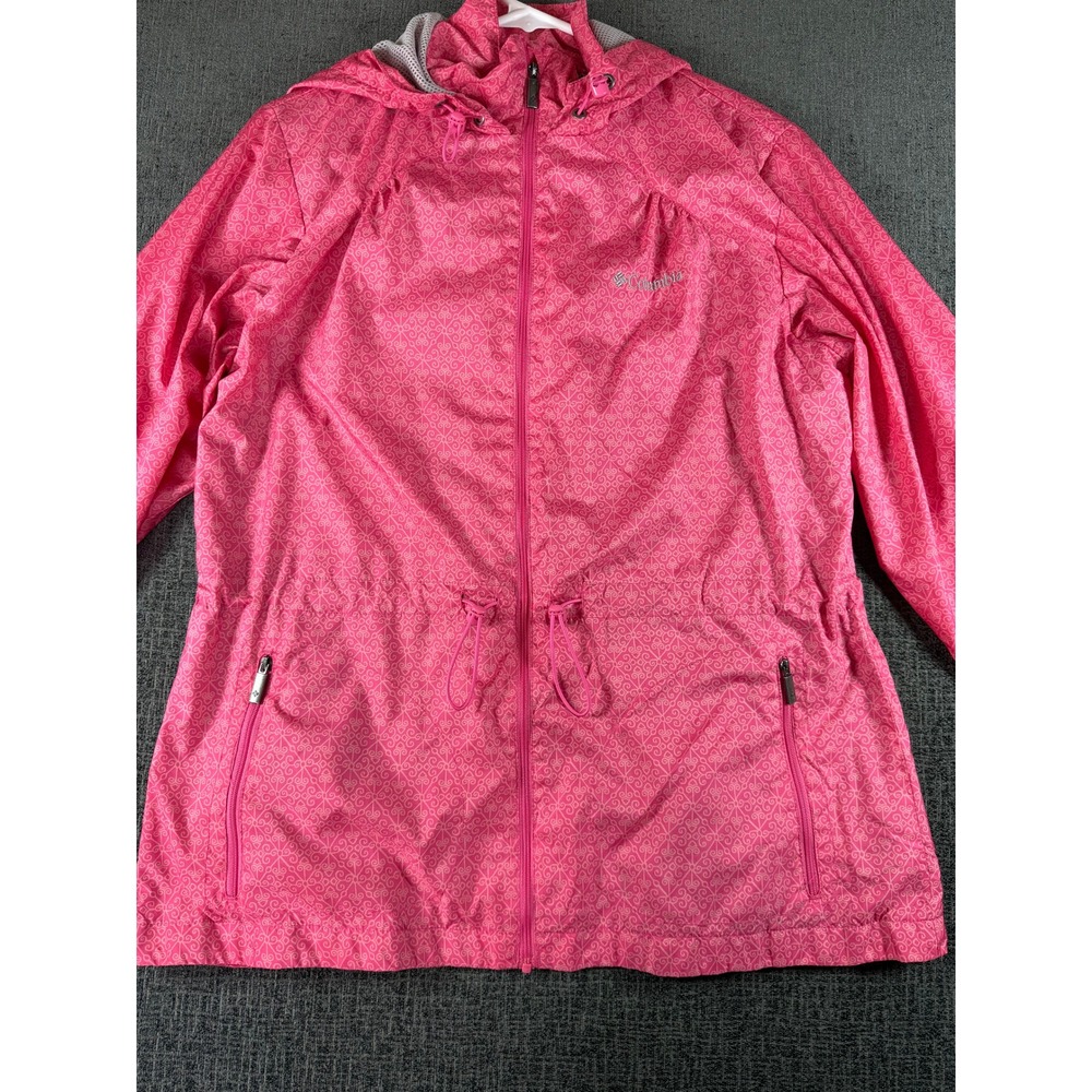 Columbia Pink Geometric Pattern Hooded Windbreaker Jacket Womens Medium 1625861 - Picture 2 of 13